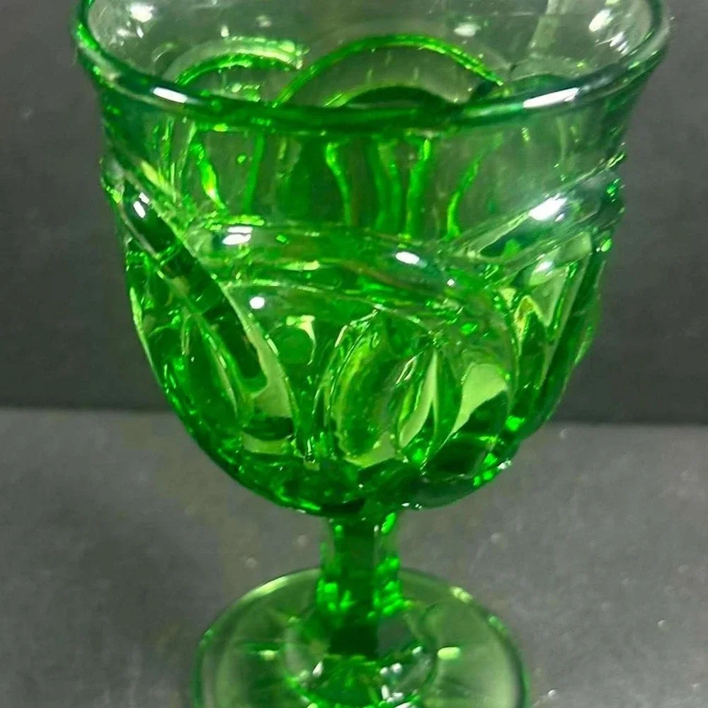 LG Wright Double Ring Goblet Green Vintage Pressed Glass Wine Water Glass